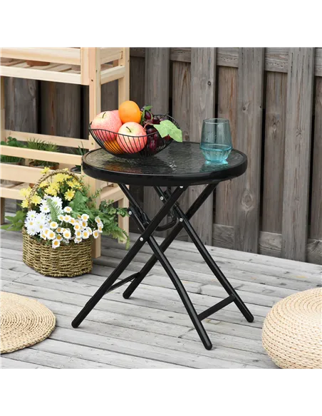 Outsunny Foldable Garden Table, Round Folding Table with Glass Tabletop and Safety Buckle for Patio, Garden, Outdoor, Indoor, Bl