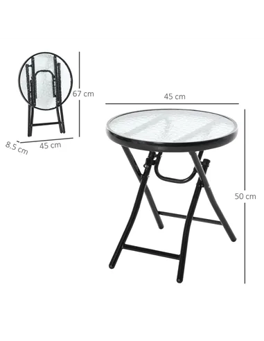 Outsunny Foldable Garden Table, Round Folding Table with Glass Tabletop and Safety Buckle for Patio, Garden, Outdoor, Indoor, Bl