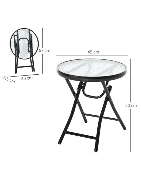 Outsunny Foldable Garden Table, Round Folding Table with Glass Tabletop and Safety Buckle for Patio, Garden, Outdoor, Indoor, Bl