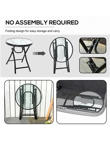 Outsunny Foldable Garden Table, Round Folding Table with Glass Tabletop and Safety Buckle for Patio, Garden, Outdoor, Indoor, Bl