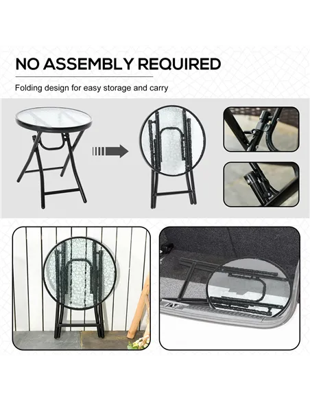Outsunny Foldable Garden Table, Round Folding Table with Glass Tabletop and Safety Buckle for Patio, Garden, Outdoor, Indoor, Bl