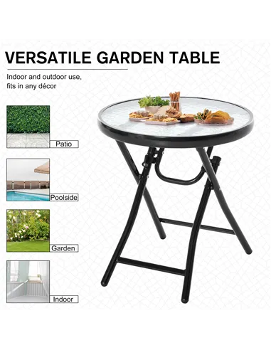 Outsunny Foldable Garden Table, Round Folding Table with Glass Tabletop and Safety Buckle for Patio, Garden, Outdoor, Indoor, Bl