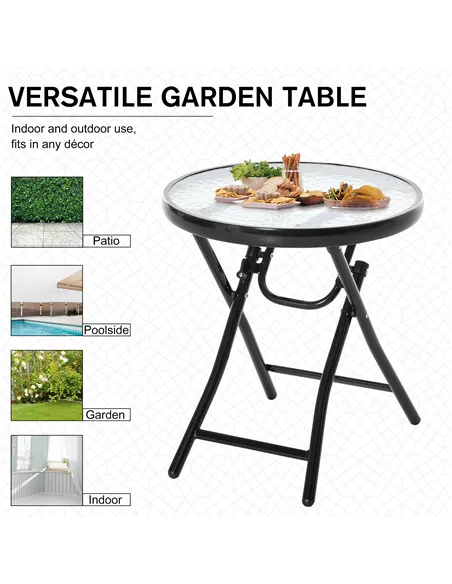 Outsunny Foldable Garden Table, Round Folding Table with Glass Tabletop and Safety Buckle for Patio, Garden, Outdoor, Indoor, Bl