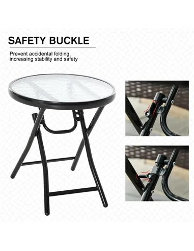 Outsunny Foldable Garden Table, Round Folding Table with Glass Tabletop and Safety Buckle for Patio, Garden, Outdoor, Indoor, Bl
