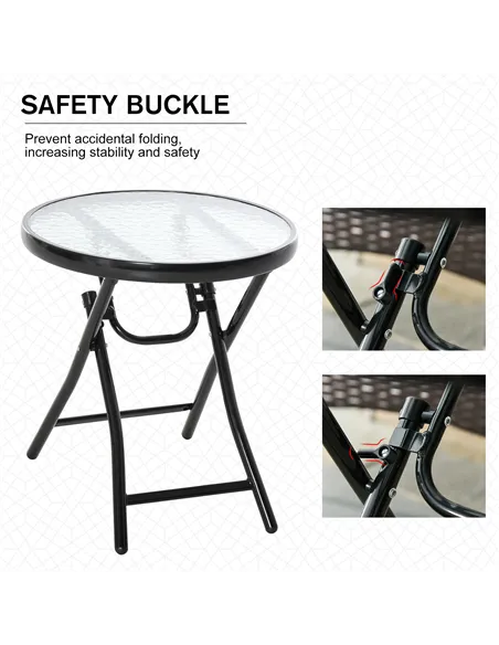 Outsunny Foldable Garden Table, Round Folding Table with Glass Tabletop and Safety Buckle for Patio, Garden, Outdoor, Indoor, Bl