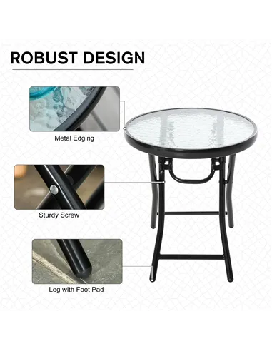 Outsunny Foldable Garden Table, Round Folding Table with Glass Tabletop and Safety Buckle for Patio, Garden, Outdoor, Indoor, Bl