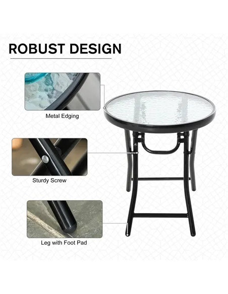 Outsunny Foldable Garden Table, Round Folding Table with Glass Tabletop and Safety Buckle for Patio, Garden, Outdoor, Indoor, Bl