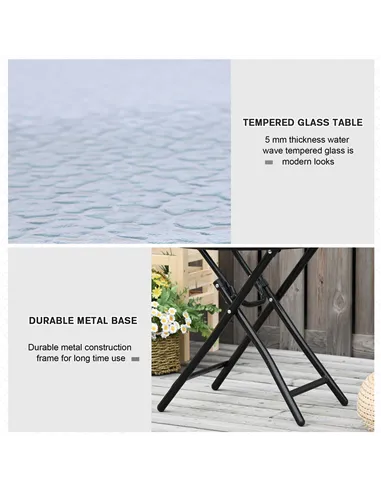 Outsunny Foldable Garden Table, Round Folding Table with Glass Tabletop and Safety Buckle for Patio, Garden, Outdoor, Indoor, Bl