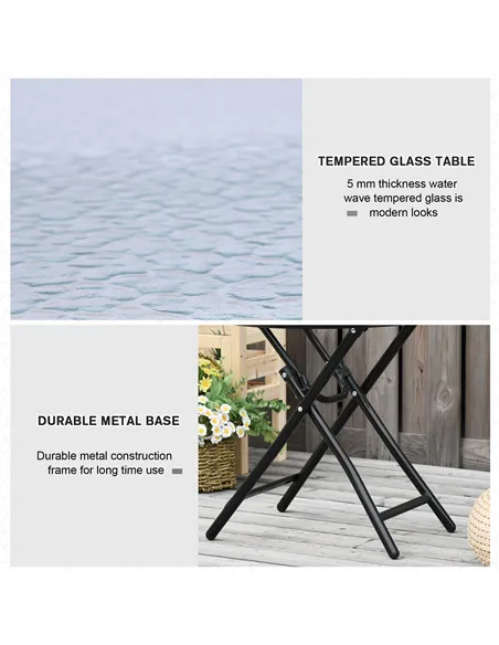 Outsunny Foldable Garden Table, Round Folding Table with Glass Tabletop and Safety Buckle for Patio, Garden, Outdoor, Indoor, Bl