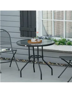 Outsunny Outdoor φ80cm Round Dining Table Tempered Glass Top Steel Frame Bistro Coffee End Side Table Garden w/ Parasol Hole 2