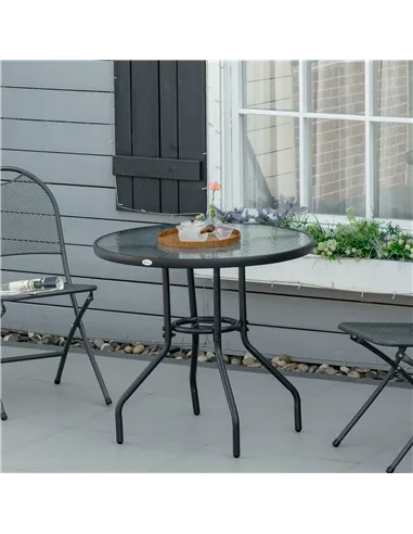 Outsunny Outdoor φ80cm Round Dining Table Tempered Glass Top Steel Frame Bistro Coffee End Side Table Garden w/ Parasol Hole