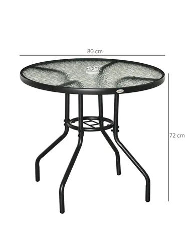 Outsunny Outdoor φ80cm Round Dining Table Tempered Glass Top Steel Frame Bistro Coffee End Side Table Garden w/ Parasol Hole