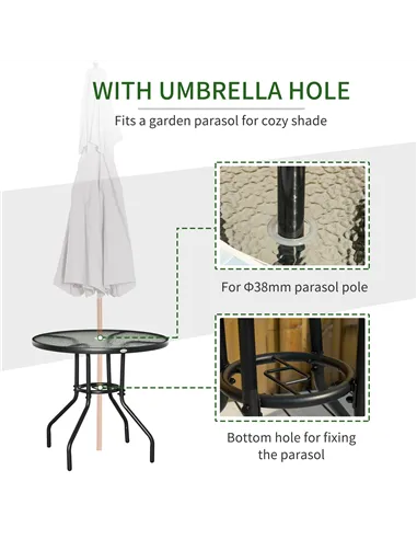 Outsunny Outdoor φ80cm Round Dining Table Tempered Glass Top Steel Frame Bistro Coffee End Side Table Garden w/ Parasol Hole