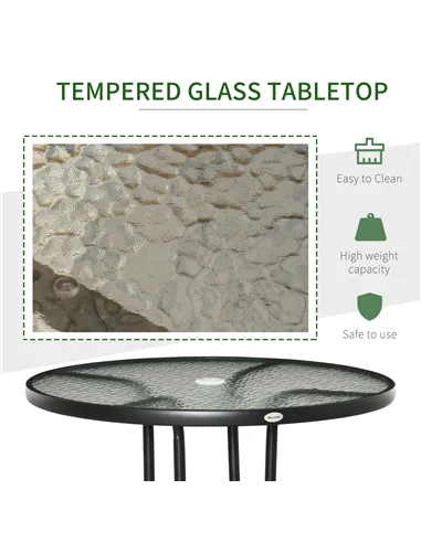 Outsunny Outdoor φ80cm Round Dining Table Tempered Glass Top Steel Frame Bistro Coffee End Side Table Garden w/ Parasol Hole