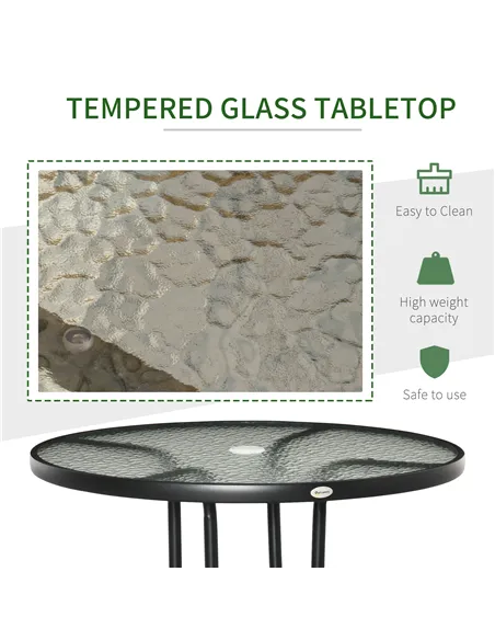 Outsunny Outdoor φ80cm Round Dining Table Tempered Glass Top Steel Frame Bistro Coffee End Side Table Garden w/ Parasol Hole