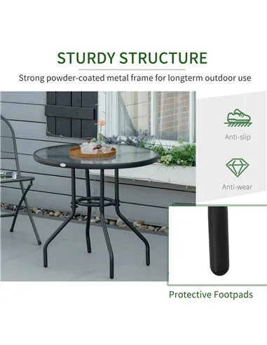Outsunny Outdoor φ80cm Round Dining Table Tempered Glass Top Steel Frame Bistro Coffee End Side Table Garden w/ Parasol Hole