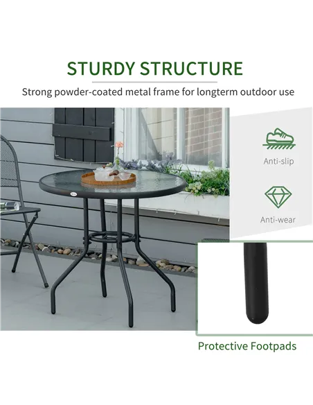 Outsunny Outdoor φ80cm Round Dining Table Tempered Glass Top Steel Frame Bistro Coffee End Side Table Garden w/ Parasol Hole
