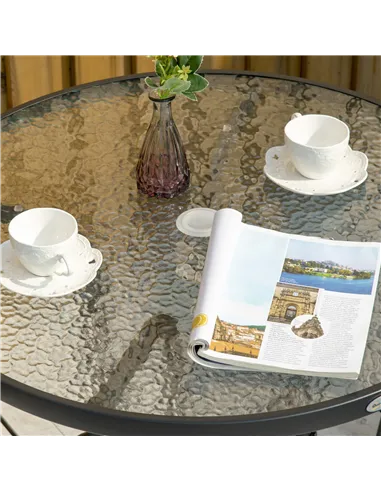 Outsunny Outdoor φ80cm Round Dining Table Tempered Glass Top Steel Frame Bistro Coffee End Side Table Garden w/ Parasol Hole