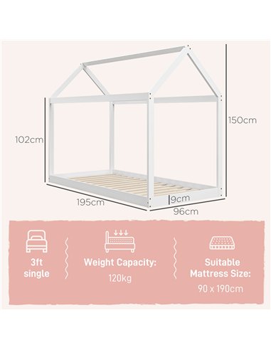 HOMCOM Single Bed Frame, House Scandinavian Style Wooden Bed Frame for 90W x 190Dcm Mattress, Pine Wood Bed Base, White