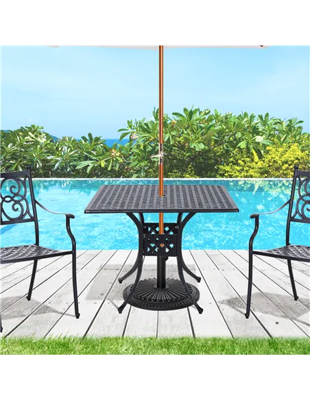 Outsunny 90cm Square Garden Table with Umbrella Hole, Aluminium Grid Motif Outdoor Dining Table for Garden Patio, Black