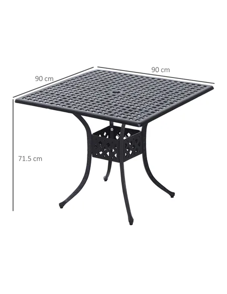 Outsunny 90cm Square Garden Table with Umbrella Hole, Aluminium Grid Motif Outdoor Dining Table for Garden Patio, Black