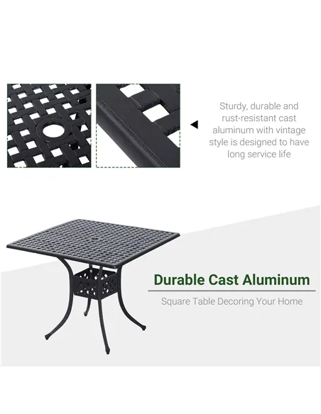 Outsunny 90cm Square Garden Table with Umbrella Hole, Aluminium Grid Motif Outdoor Dining Table for Garden Patio, Black