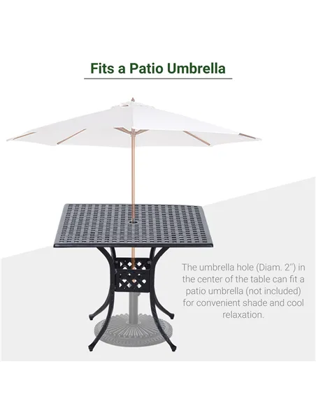 Outsunny 90cm Square Garden Table with Umbrella Hole, Aluminium Grid Motif Outdoor Dining Table for Garden Patio, Black