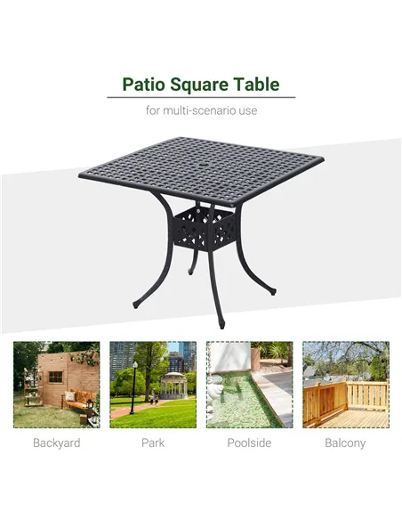 Outsunny 90cm Square Garden Table with Umbrella Hole, Aluminium Grid Motif Outdoor Dining Table for Garden Patio, Black