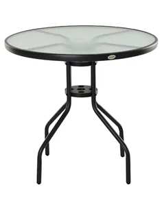 Outsunny 80 cm Round Garden Dining Table with Parasol Hole for 4, Outdoor Coffee Bistro End Side Table with Tempered Glass Top a
