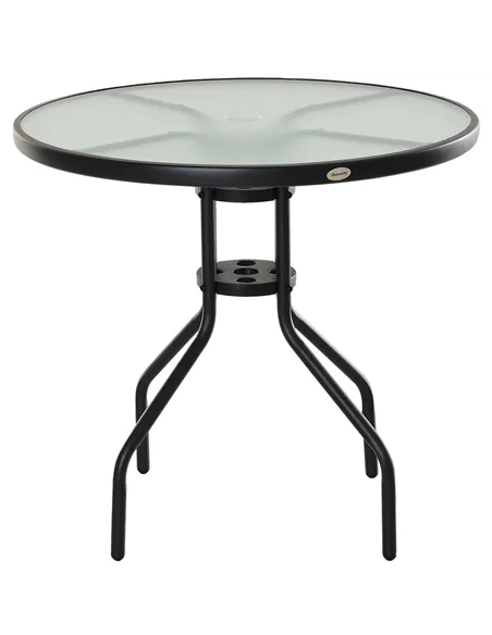 Outsunny 80 cm Round Garden Dining Table with Parasol Hole for 4, Outdoor Coffee Bistro End Side Table with Tempered Glass Top a