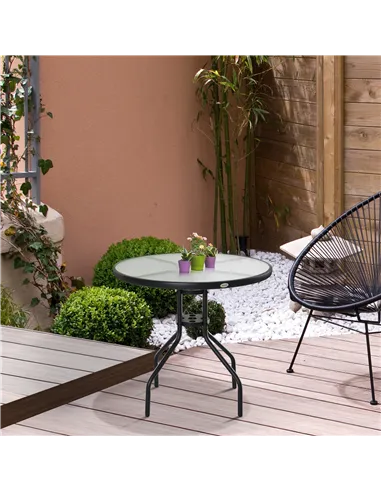 Outsunny 80 cm Round Garden Dining Table with Parasol Hole for 4, Outdoor Coffee Bistro End Side Table with Tempered Glass Top a