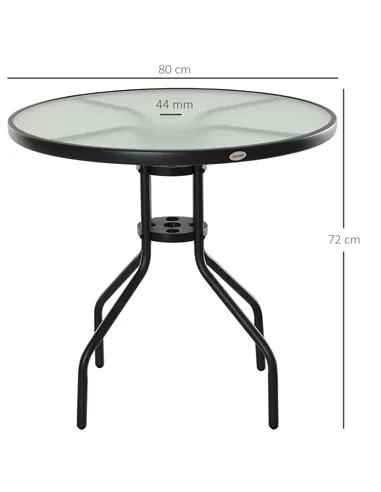 Outsunny 80 cm Round Garden Dining Table with Parasol Hole for 4, Outdoor Coffee Bistro End Side Table with Tempered Glass Top a