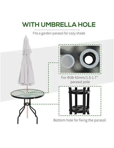Outsunny 80 cm Round Garden Dining Table with Parasol Hole for 4, Outdoor Coffee Bistro End Side Table with Tempered Glass Top a