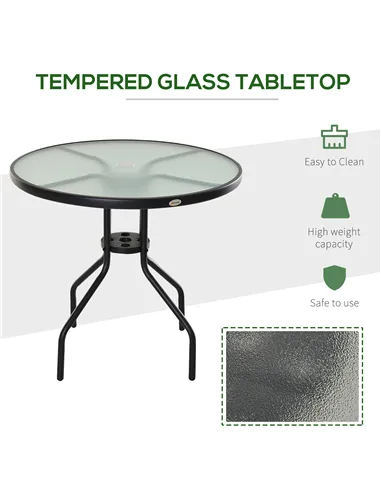 Outsunny 80 cm Round Garden Dining Table with Parasol Hole for 4, Outdoor Coffee Bistro End Side Table with Tempered Glass Top a
