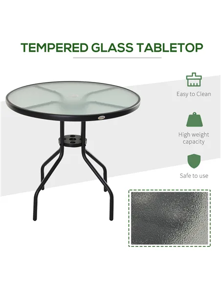 Outsunny 80 cm Round Garden Dining Table with Parasol Hole for 4, Outdoor Coffee Bistro End Side Table with Tempered Glass Top a