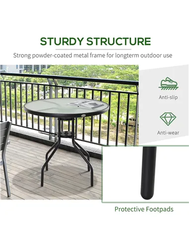 Outsunny 80 cm Round Garden Dining Table with Parasol Hole for 4, Outdoor Coffee Bistro End Side Table with Tempered Glass Top a