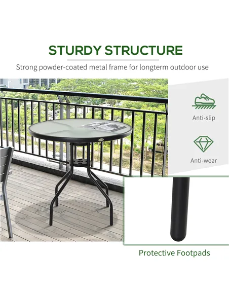 Outsunny 80 cm Round Garden Dining Table with Parasol Hole for 4, Outdoor Coffee Bistro End Side Table with Tempered Glass Top a
