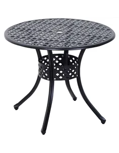 Outsunny 85cm Round Garden Table with Umbrella Hole, Aluminium Grid Motif Outdoor Dining Table for Garden Patio, Black
