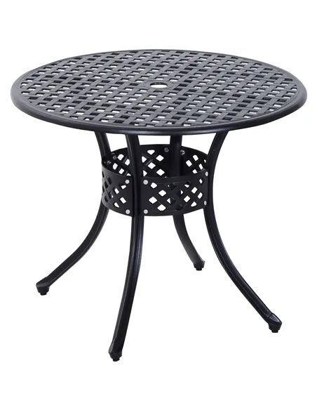 Outsunny 85cm Round Garden Table with Umbrella Hole, Aluminium Grid Motif Outdoor Dining Table for Garden Patio, Black