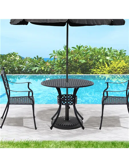 Outsunny 85cm Round Garden Table with Umbrella Hole, Aluminium Grid Motif Outdoor Dining Table for Garden Patio, Black