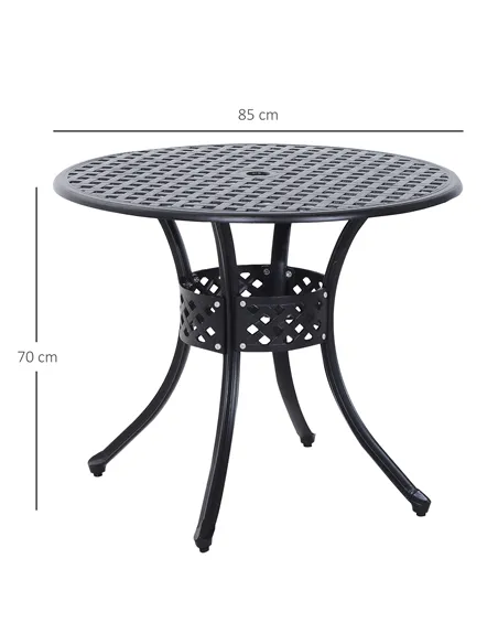 Outsunny 85cm Round Garden Table with Umbrella Hole, Aluminium Grid Motif Outdoor Dining Table for Garden Patio, Black