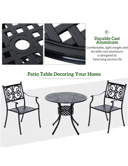 Outsunny 85cm Round Garden Table with Umbrella Hole, Aluminium Grid Motif Outdoor Dining Table for Garden Patio, Black