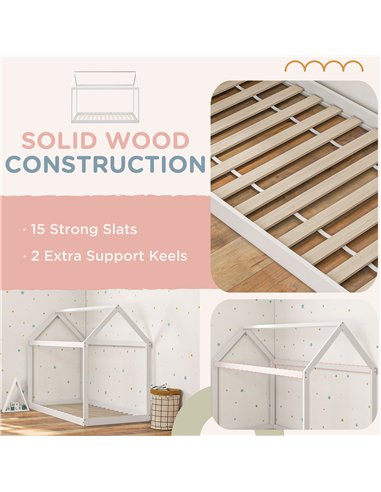 HOMCOM Single Bed Frame, House Scandinavian Style Wooden Bed Frame for 90W x 190Dcm Mattress, Pine Wood Bed Base, White