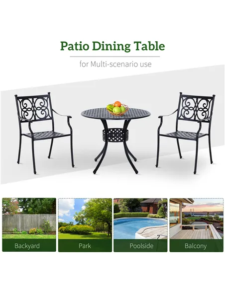 Outsunny 85cm Round Garden Table with Umbrella Hole, Aluminium Grid Motif Outdoor Dining Table for Garden Patio, Black