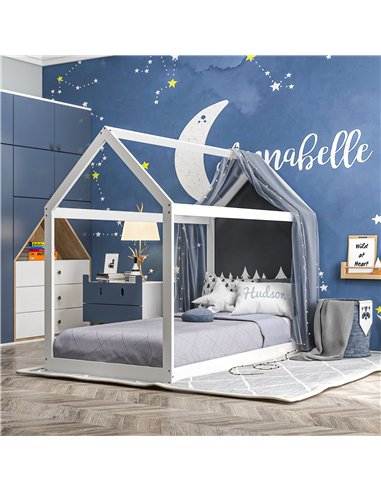 HOMCOM Single Bed Frame, House Scandinavian Style Wooden Bed Frame for 90W x 190Dcm Mattress, Pine Wood Bed Base, White