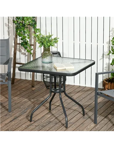 Outsunny Square Garden Dining Table with Tempered Glass Top & Umbrella Hole, 76 x 76 cm