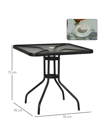 Outsunny Square Garden Dining Table with Tempered Glass Top & Umbrella Hole, 76 x 76 cm