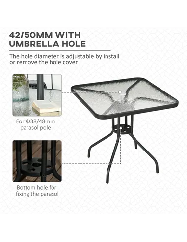 Outsunny Square Garden Dining Table with Tempered Glass Top & Umbrella Hole, 76 x 76 cm