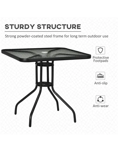 Outsunny Square Garden Dining Table with Tempered Glass Top & Umbrella Hole, 76 x 76 cm