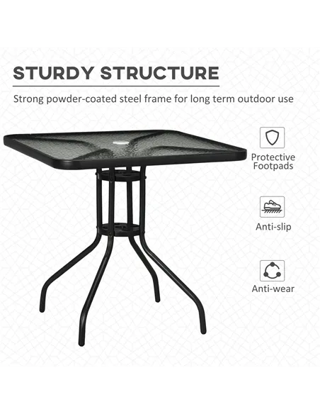 Outsunny Square Garden Dining Table with Tempered Glass Top & Umbrella Hole, 76 x 76 cm
